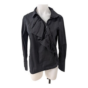Osman Yousefzada Size 6 Asymmetric Button Up Shirt Blouse Black Long Sleeves